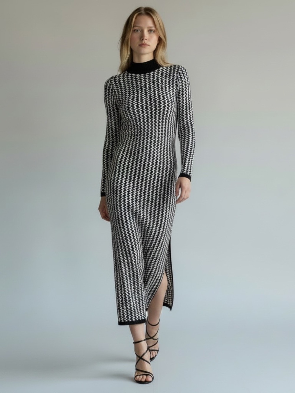 OLLARI Black White Houndstooth Long Sleeve Knit Dress Side Slits Party Work XS